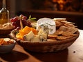 cheeses and crisp crackers in a rustic basket