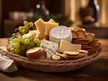 cheeses and crisp crackers in a rustic basket