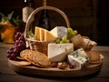 cheeses and crisp crackers in a rustic basket