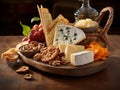 cheeses and crisp crackers in a rustic basket