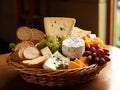 cheeses and crisp crackers in a rustic basket