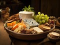 cheeses and crisp crackers in a rustic basket