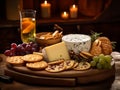 cheeses and crisp crackers in a rustic basket