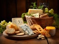 cheeses and crisp crackers in a rustic basket