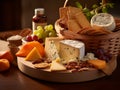 cheeses and crisp crackers in a rustic basket