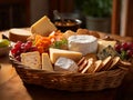 cheeses and crisp crackers in a rustic basket