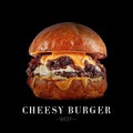 Cheesy meat beef burger isolated on black background with text and copy space