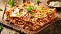 Cheesy Beef Lasagna on Wooden Board