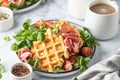 Cheesy belgian waffles served with ham, tomatoes and lettuce corn on white marble background . Savory waffles. Healthy