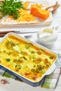 Cheesy broccoli bake in a baking dish