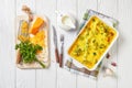 Cheesy Cheddar Broccoli Casserole in a dish Royalty Free Stock Photo