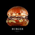 Cheesy double meat beef burger isolated on black background with text and copy space