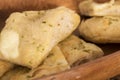 Cheesy garlic bread in a wooden dish Royalty Free Stock Photo