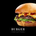 Cheesy meat beef burger isolated on black background with text and copy space