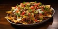 Cheesy Mexicana Nachos, a Spicy and Tasty Beef Appetizer on a Crunchy Tortilla Chip Plate with Guacamole, Salsa, and