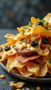 Cheesy nachos with black olives and green onions Royalty Free Stock Photo