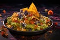 cheesy nachos with guacamole dip on side