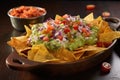 cheesy nachos with guacamole dip on side