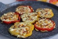 Cheesy vegetarian egg ring. Easy and healthy breakfast. Omelet prepared in bell pepper rings with cheese oregano and chili flakes