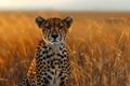 A cheetah calmly sitting in a field of tall grass in the wild Royalty Free Stock Photo