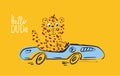 Cheetah on car funny cool summer t-shirt print design. Road trip on cabriolet automobile. Slogan. Leopard drive safari