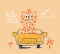 Cheetah on car funny cool summer t-shirt print design. Road trip on cabriolet automobile. Slogan. Leopard drive safari