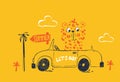 Cheetah on car funny cool summer t-shirt print design. Road trip on cabriolet automobile. Slogan. Leopard drive safari