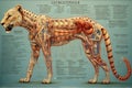 Cheetah Cat cyborg animal detailed infographic, full details anatomy poster diagram illustration generative ai