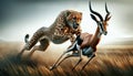 Cheetah Acinonyx jubatus chasing Gazelle in the African Savannah. Generative Ai Royalty Free Stock Photo