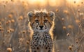 Cheetah cub standing in the high grass looking at camera. Royalty Free Stock Photo