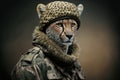 Cheetah dressed as a soldier, created with Generative AI technology
