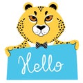 Vector illustration of a cute cartoon cheetah in a bow tie with banner saying hello