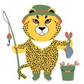 Vector illustration of a cute cartoon cheetah with a fishing rod and a fish Royalty Free Stock Photo