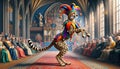 Cheetah in jester costume performing at court