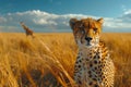 A cheetah and giraffe standing in a field of tall grass in the Serengeti