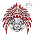 Cheetah in the Indian roach. Indian feather headdress of eagle. Hand draw vector illustration Royalty Free Stock Photo