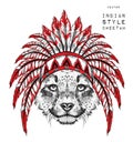 Cheetah in the Indian roach. Indian feather headdress of eagle. Hand draw vector illustration