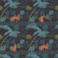 Cheetah and jaguar in the night jungle floral seamless pattern.