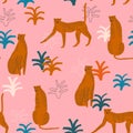 Cheetah in the jungle funky colorful tropical modern pattern. Cute animals illustration.