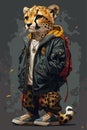 Cheetah in a leather jacket with a backpack. Vector illustration.
