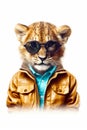 Cheetah in leather jacket and sunglasses on white background. Generative AI