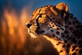 a cheetah looking straight ahead with the sun shining in the background Royalty Free Stock Photo