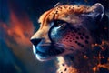 Cheetah portrait with fire effect. Wildlife scene. Digital painting.