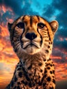 Cheetah portrait on sunset sky background. Digital art painting. Royalty Free Stock Photo