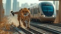 Cheetah racing train on urban railway tracks Royalty Free Stock Photo