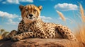 Realistic Blue Skies: Candid Shot Of Cheetah Resting On Rock Royalty Free Stock Photo