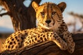 Cheetah resting on a tree trunk in Serengeti National Park, Tanzania Royalty Free Stock Photo