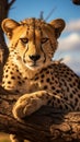 Cheetah resting on a tree trunk in Serengeti National Park, Tanzania Royalty Free Stock Photo