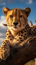 Cheetah resting on a tree trunk in Serengeti National Park, Tanzania Royalty Free Stock Photo