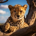 Cheetah resting on a tree trunk in Serengeti National Park, Tanzania Royalty Free Stock Photo